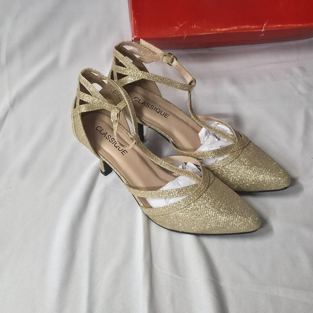 Classique Stacia Women's Glittery Gold Dress‎ 3 Inch Heels Size 9M NIB